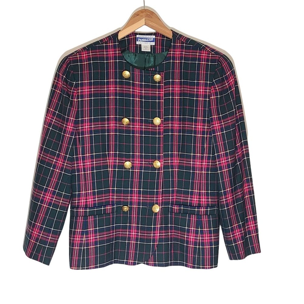 Pendleton Vintage Tartan Military Virgin Wool Swing Blazer Jacket Women's Sz 10